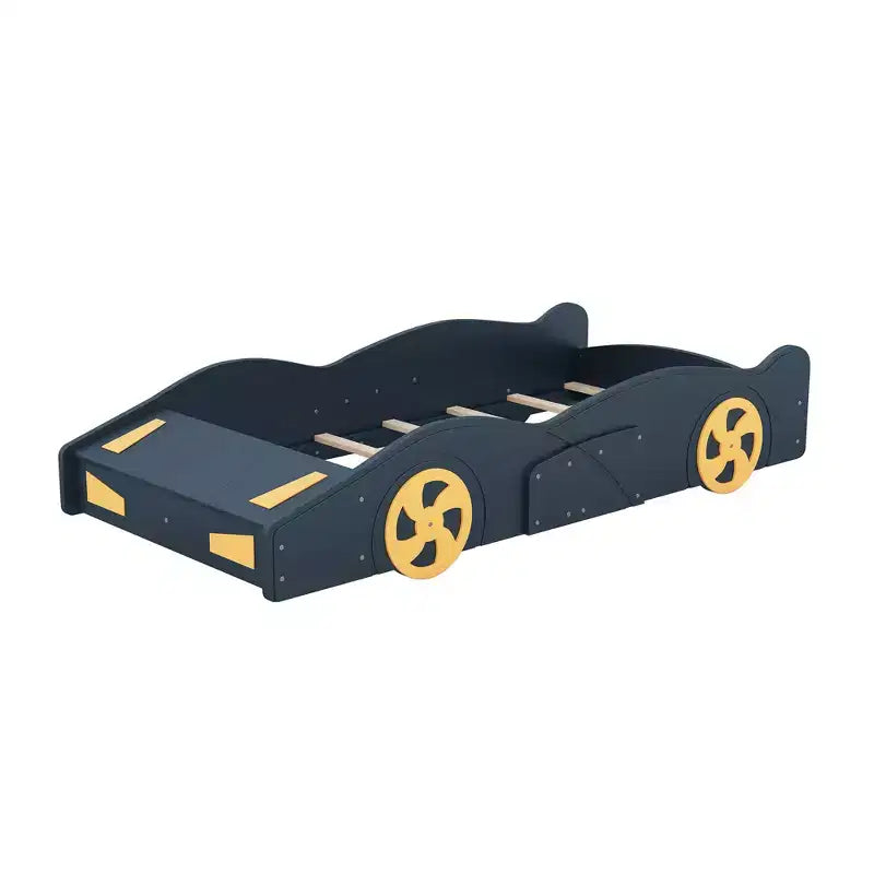 Lit plateforme pour enfant en forme de voiture de course grandeur nature avec roues et rangement, bleu foncé