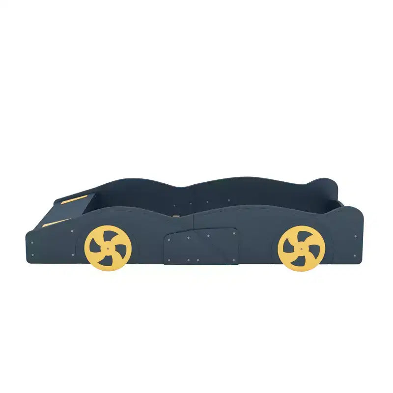 Lit plateforme pour enfant en forme de voiture de course grandeur nature avec roues et rangement, bleu foncé
