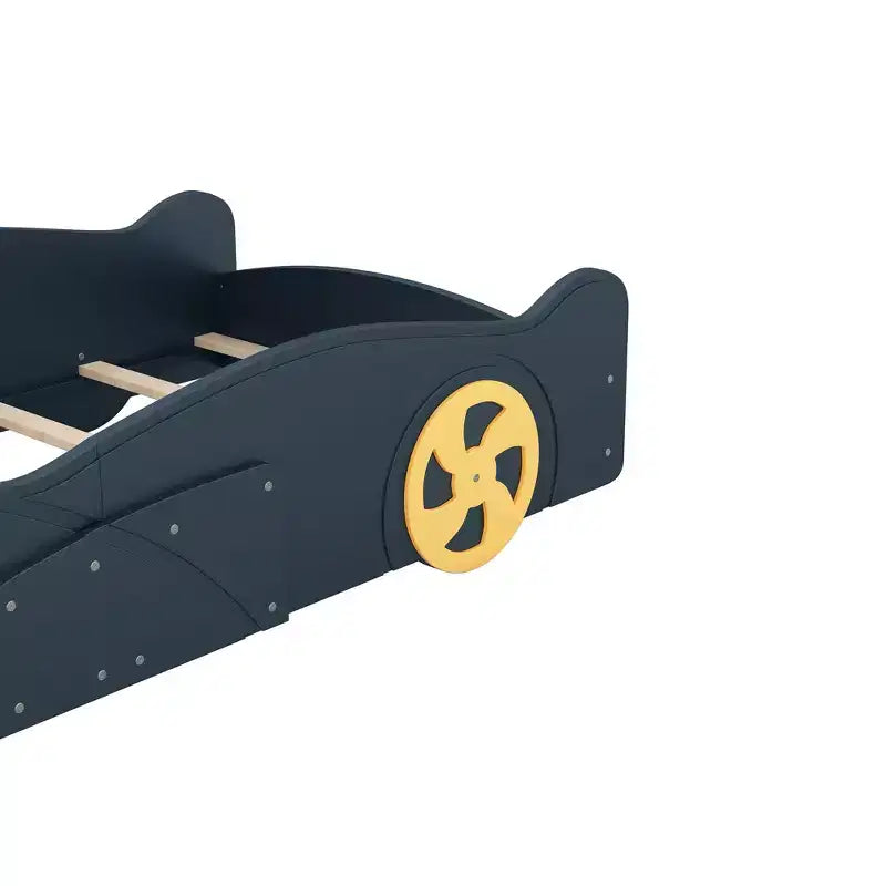 Lit plateforme pour enfant en forme de voiture de course grandeur nature avec roues et rangement, bleu foncé