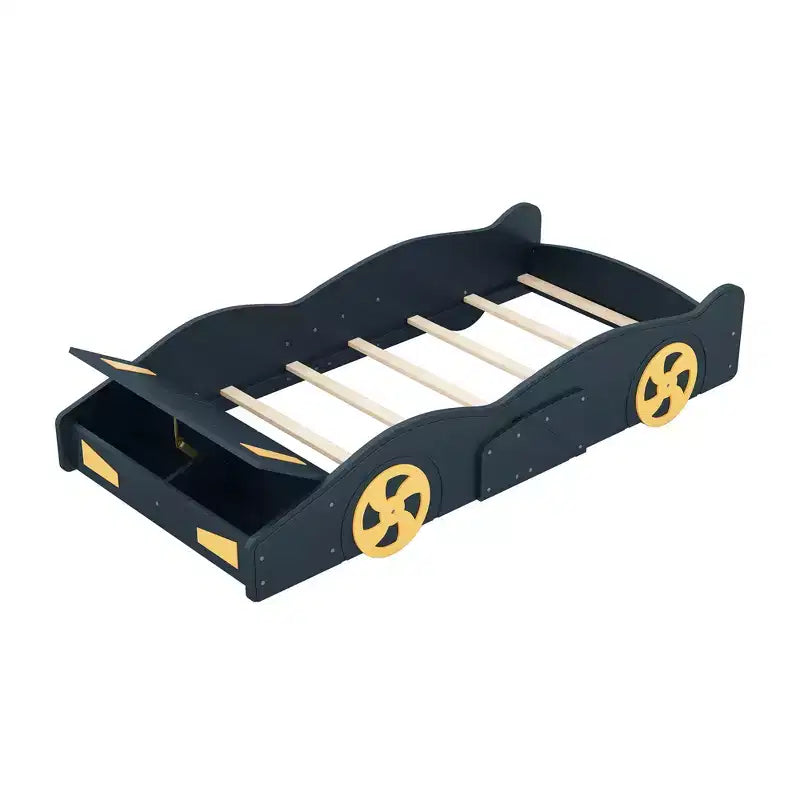 Lit plateforme pour enfant en forme de voiture de course grandeur nature avec roues et rangement, bleu foncé