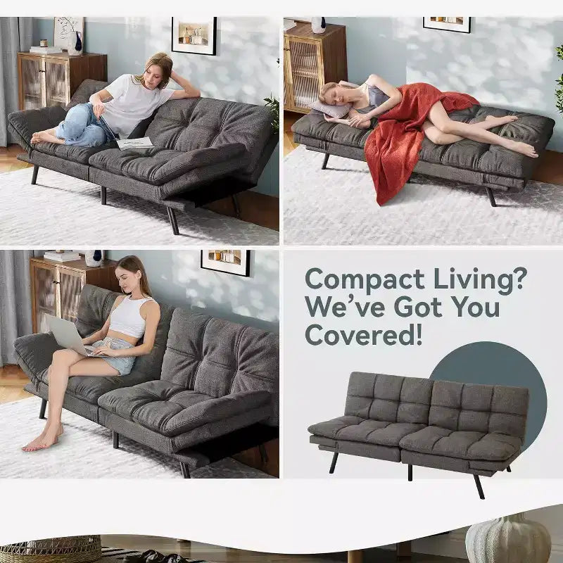 Canapé Futon convertible 180 cm en mousse à mémoire de forme, accoudoirs et dossier réglables, tissu lin - Gris clair