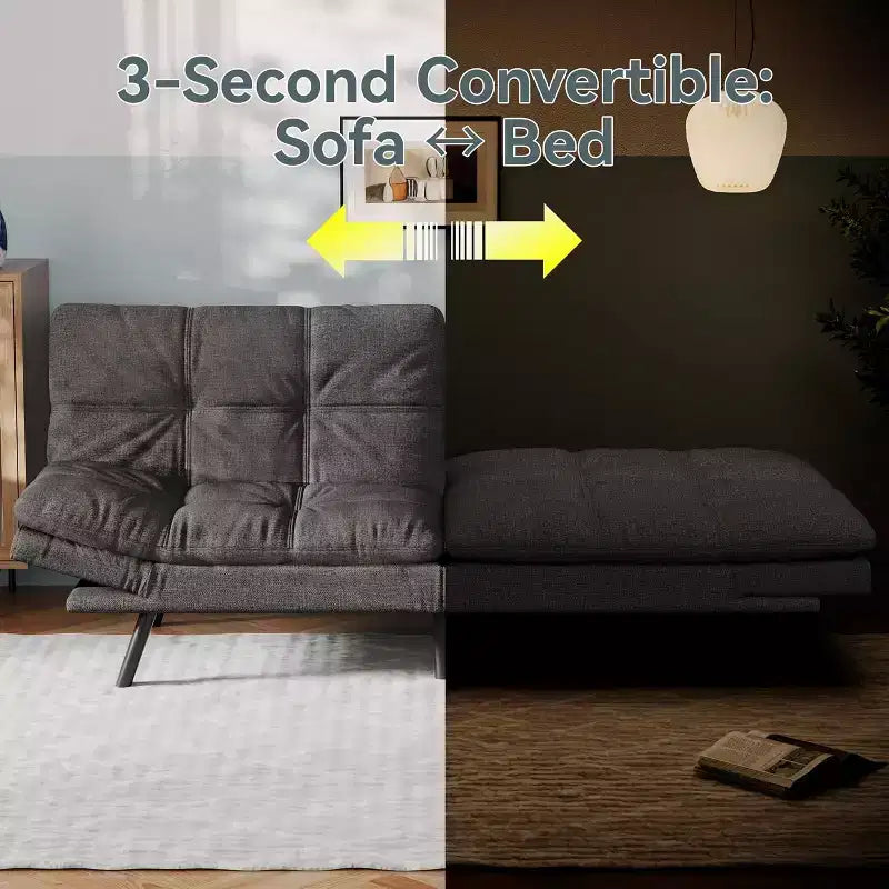 Canapé Futon convertible 180 cm en mousse à mémoire de forme, accoudoirs et dossier réglables, tissu lin - Gris clair