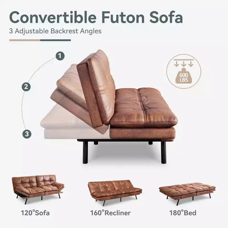 Canapé Futon convertible 180 cm en mousse à mémoire de forme, accoudoirs et dossier réglables, tissu lin - Gris clair