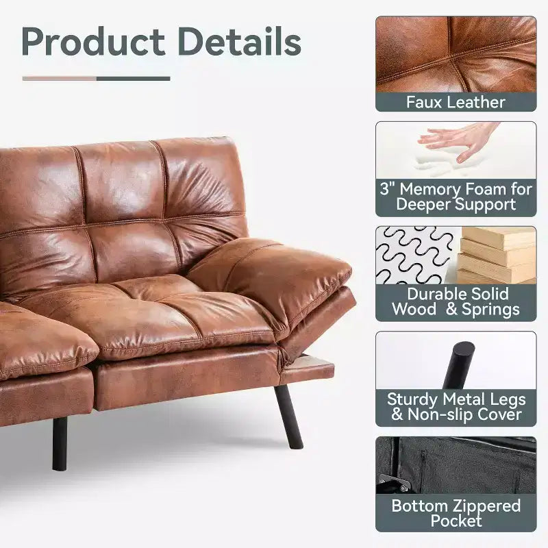 Canapé Futon convertible 180 cm en mousse à mémoire de forme, accoudoirs et dossier réglables, tissu lin - Gris clair