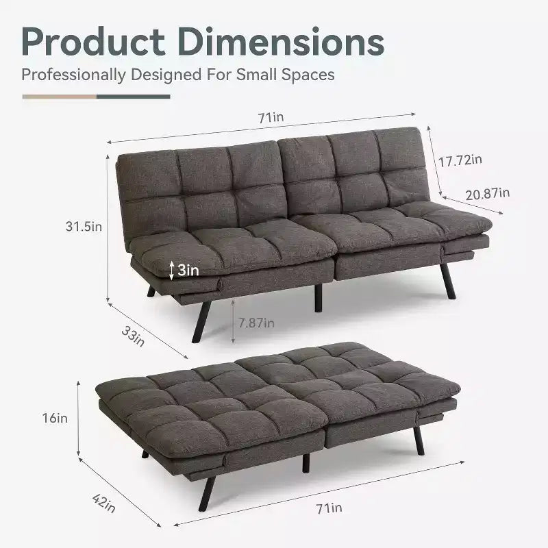Canapé Futon convertible 180 cm en mousse à mémoire de forme, accoudoirs et dossier réglables, tissu lin - Gris clair