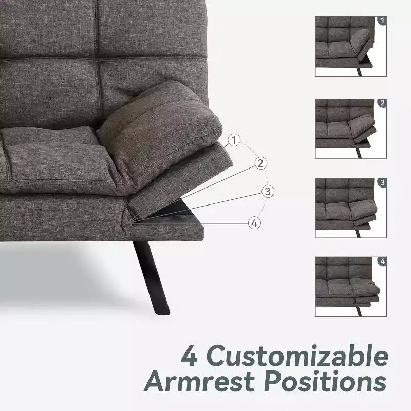 Canapé Futon convertible 180 cm en mousse à mémoire de forme, accoudoirs et dossier réglables, tissu lin - Gris clair