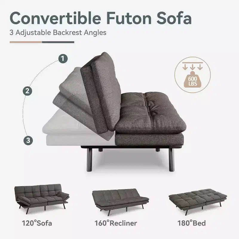 Canapé Futon convertible 180 cm en mousse à mémoire de forme, accoudoirs et dossier réglables, tissu lin - Gris clair