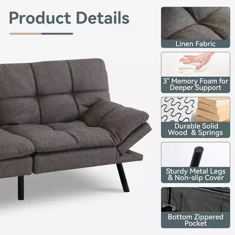 Canapé Futon convertible 180 cm en mousse à mémoire de forme, accoudoirs et dossier réglables, tissu lin - Gris clair
