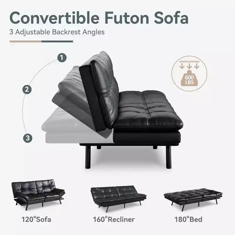 Canapé Futon convertible 180 cm en mousse à mémoire de forme, accoudoirs et dossier réglables, tissu lin - Gris clair