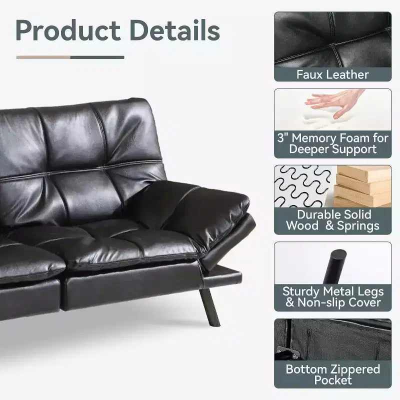 Canapé Futon convertible 180 cm en mousse à mémoire de forme, accoudoirs et dossier réglables, tissu lin - Gris clair