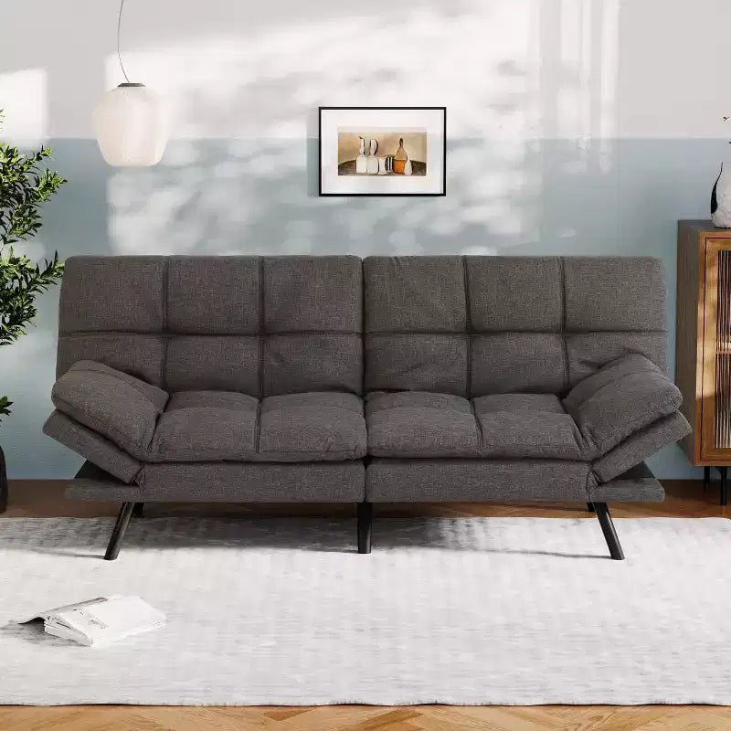 Canapé Futon convertible 180 cm en mousse à mémoire de forme, accoudoirs et dossier réglables, tissu lin - Gris clair