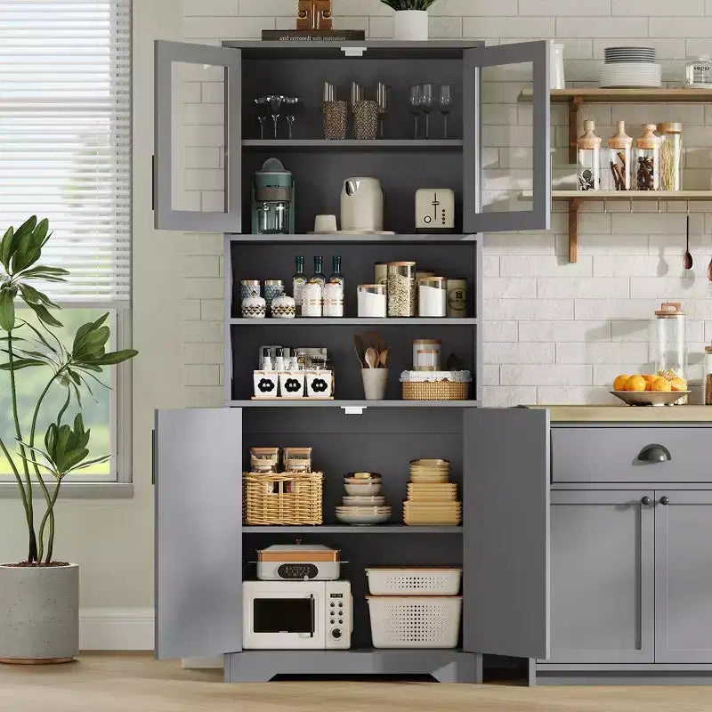 Meuble de Rangement Haut de 170 cm avec Portes en Verre et Étagères Réglables pour Cuisine et Salon