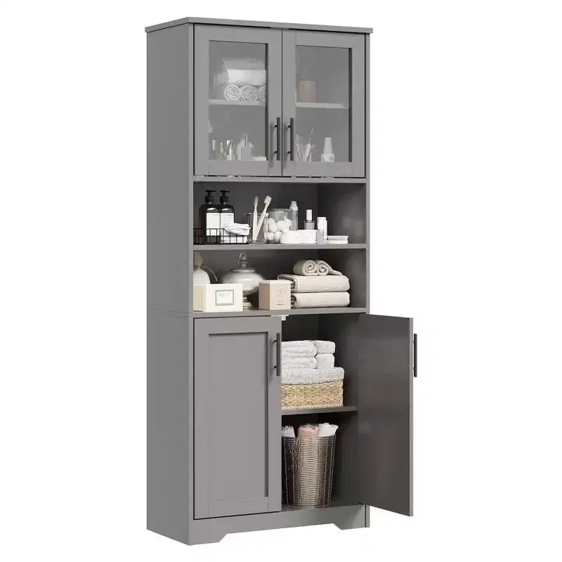 Meuble de Rangement Haut de 170 cm avec Portes en Verre et Étagères Réglables pour Cuisine et Salon