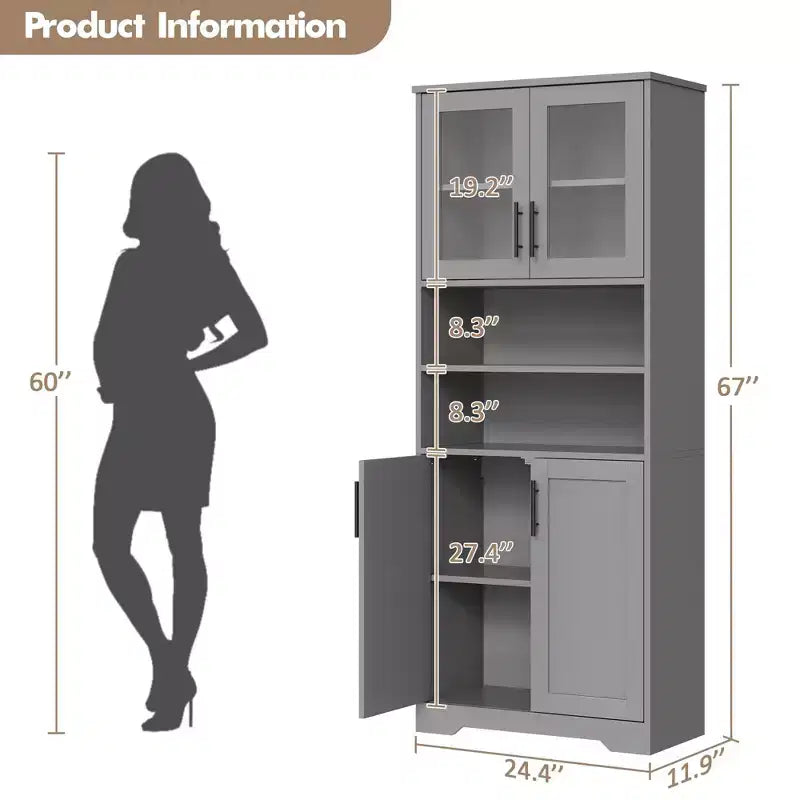 Meuble de Rangement Haut de 170 cm avec Portes en Verre et Étagères Réglables pour Cuisine et Salon