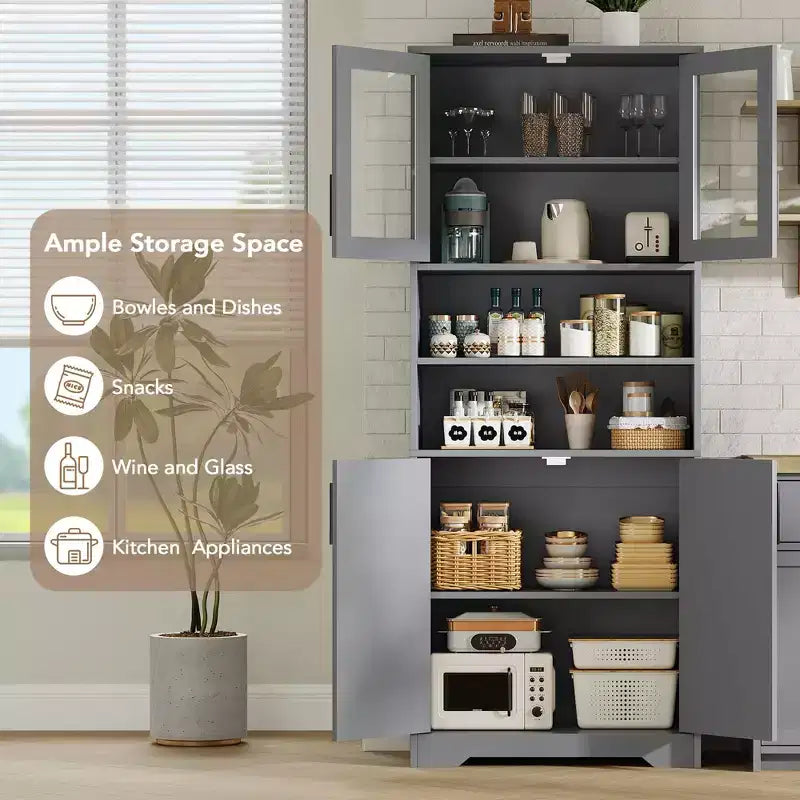 Meuble de Rangement Haut de 170 cm avec Portes en Verre et Étagères Réglables pour Cuisine et Salon
