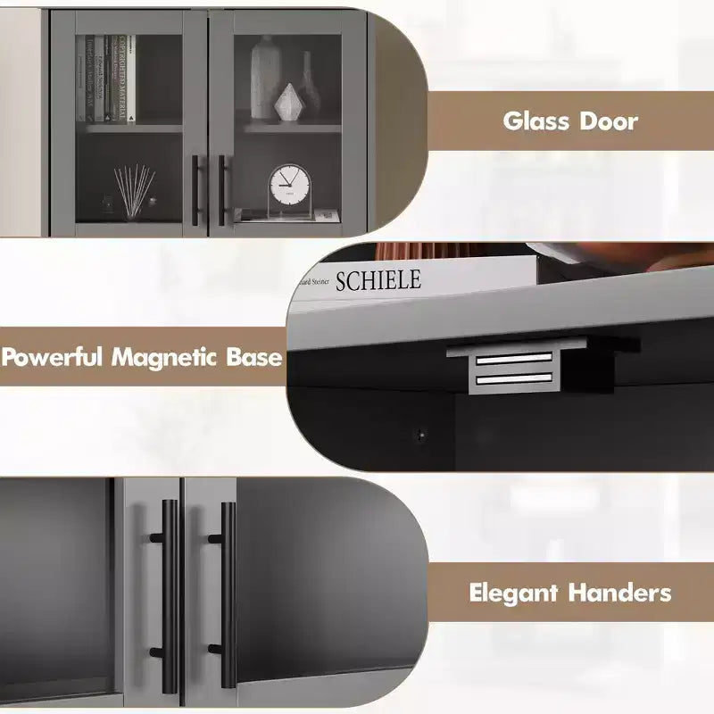 Meuble de Rangement Haut de 170 cm avec Portes en Verre et Étagères Réglables pour Cuisine et Salon