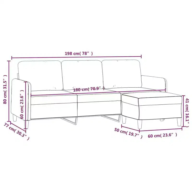 Canapé 3 places avec pouf pour salon, tissu gris foncé