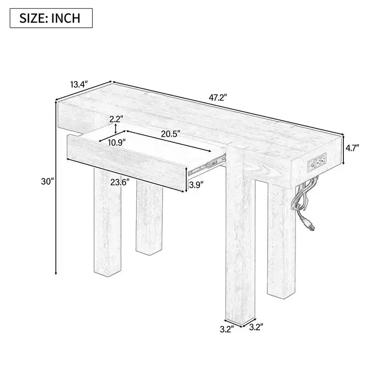Console rustique en bois avec tiroir dissimulé et prise de courant latérale pour entrées, salons et bureaux à domicile