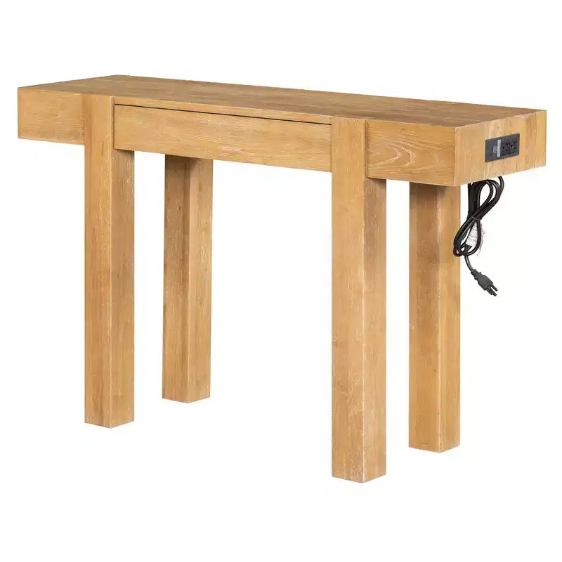 Console rustique en bois avec tiroir dissimulé et prise de courant latérale pour entrées, salons et bureaux à domicile