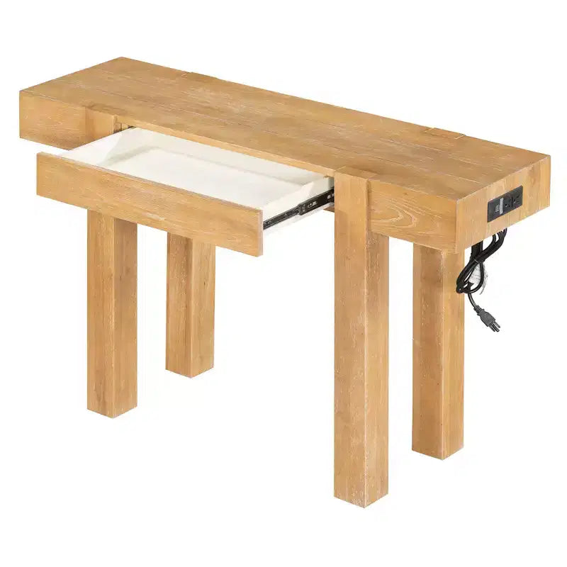 Console rustique en bois avec tiroir dissimulé et prise de courant latérale pour entrées, salons et bureaux à domicile