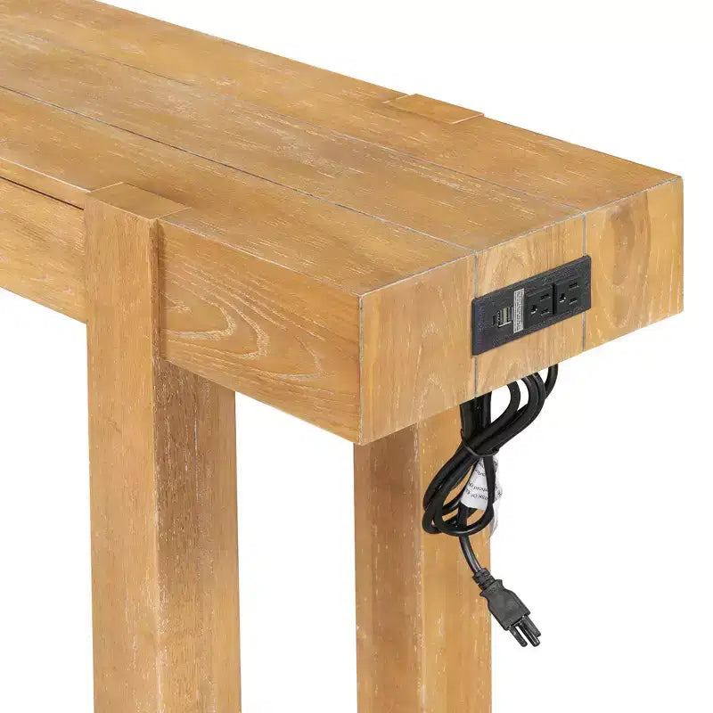 Console rustique en bois avec tiroir dissimulé et prise de courant latérale pour entrées, salons et bureaux à domicile