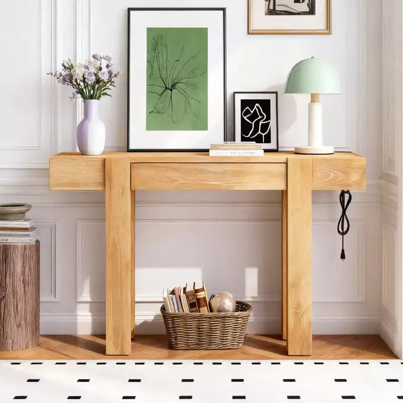 Console rustique en bois avec tiroir dissimulé et prise de courant latérale pour entrées, salons et bureaux à domicile
