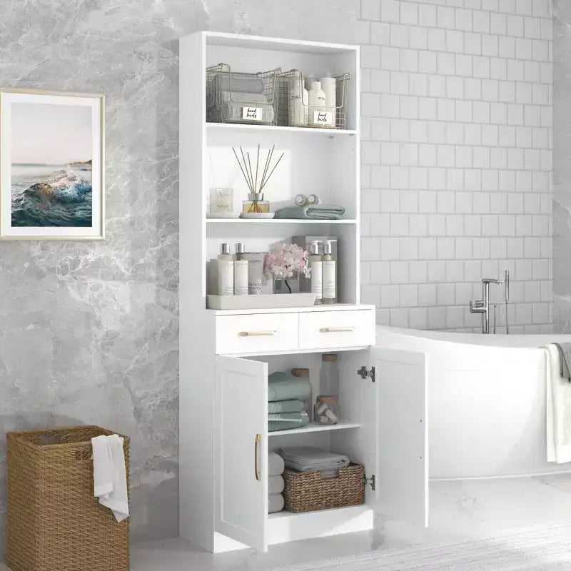 Meuble de Rangement Haut de Salle de Bain avec 2 Tiroirs et Étagères Ouvertes