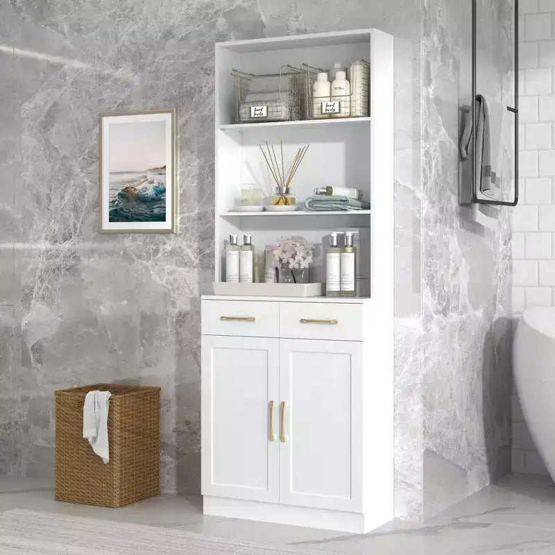 Meuble de Rangement Haut de Salle de Bain avec 2 Tiroirs et Étagères Ouvertes