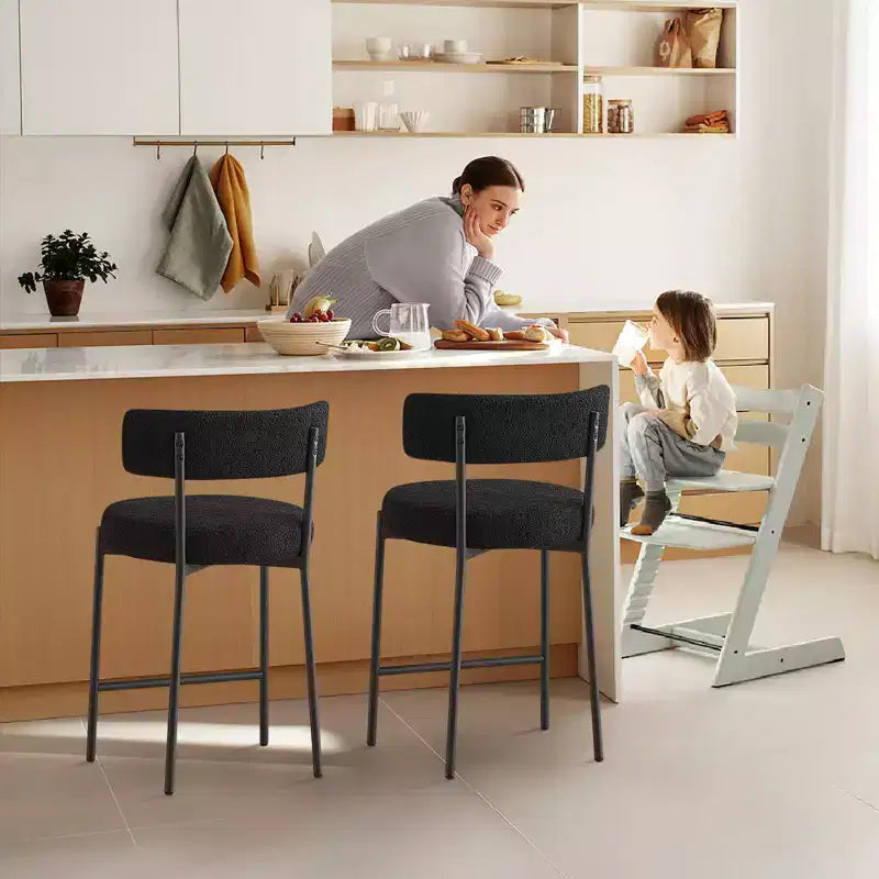 Lot de 2 tabourets de bar en tissu bouclé, hauteur comptoir 61 cm, dossier mi-haut, pieds en métal, pour îlot de cuisine et salle à manger