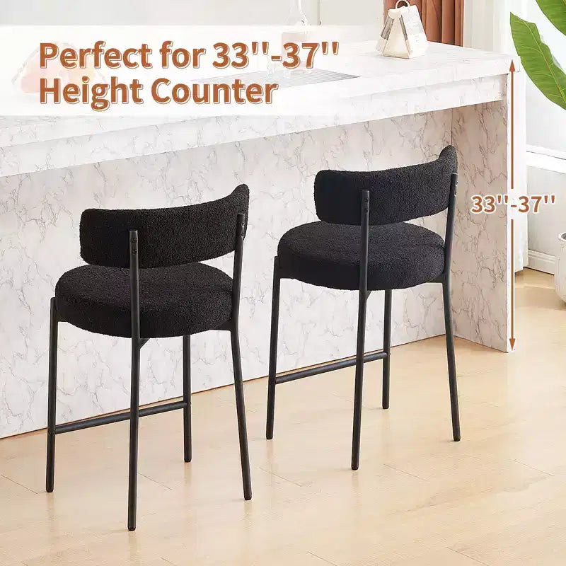 Lot de 2 tabourets de bar en tissu bouclé, hauteur comptoir 61 cm, dossier mi-haut, pieds en métal, pour îlot de cuisine et salle à manger
