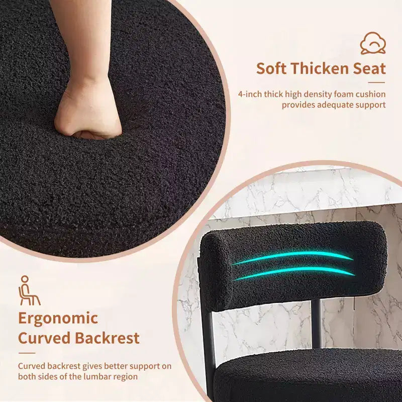 Lot de 2 tabourets de bar en tissu bouclé, hauteur comptoir 61 cm, dossier mi-haut, pieds en métal, pour îlot de cuisine et salle à manger