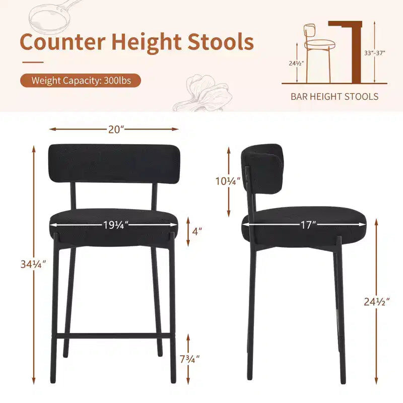 Lot de 2 tabourets de bar en tissu bouclé, hauteur comptoir 61 cm, dossier mi-haut, pieds en métal, pour îlot de cuisine et salle à manger