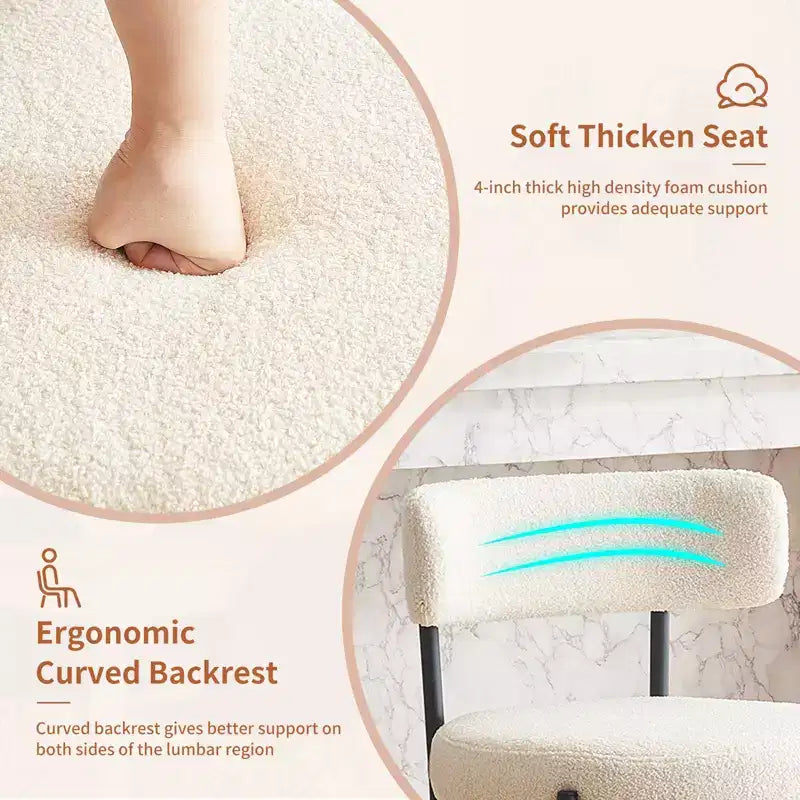 Lot de 2 tabourets de bar en tissu bouclé, hauteur comptoir 61 cm, dossier mi-haut, pieds en métal, pour îlot de cuisine et salle à manger