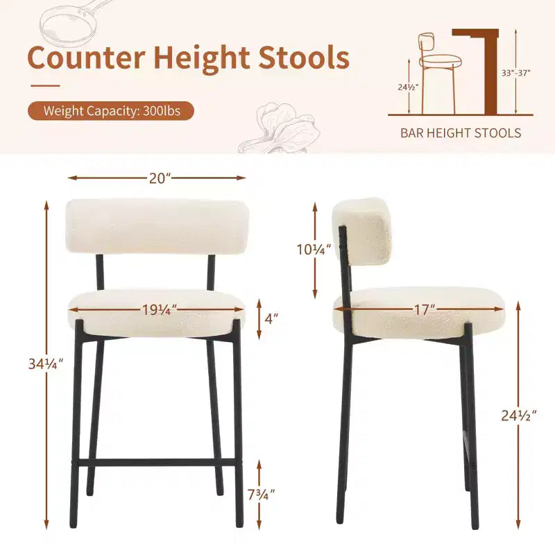 Lot de 2 tabourets de bar en tissu bouclé, hauteur comptoir 61 cm, dossier mi-haut, pieds en métal, pour îlot de cuisine et salle à manger