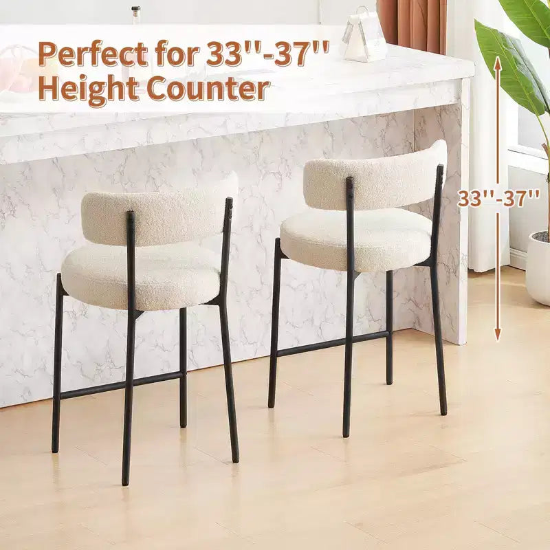Lot de 2 tabourets de bar en tissu bouclé, hauteur comptoir 61 cm, dossier mi-haut, pieds en métal, pour îlot de cuisine et salle à manger