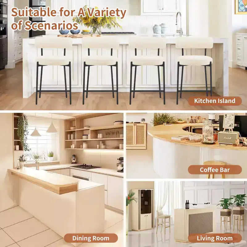 Lot de 2 tabourets de bar en tissu bouclé, hauteur comptoir 61 cm, dossier mi-haut, pieds en métal, pour îlot de cuisine et salle à manger