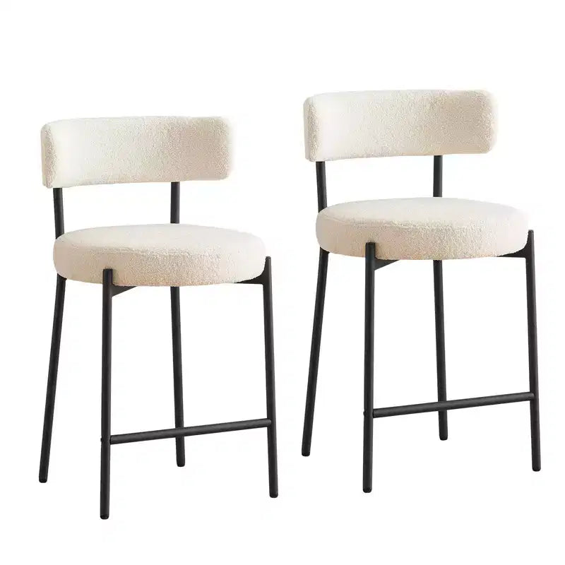 Lot de 2 tabourets de bar en tissu bouclé, hauteur comptoir 61 cm, dossier mi-haut, pieds en métal, pour îlot de cuisine et salle à manger