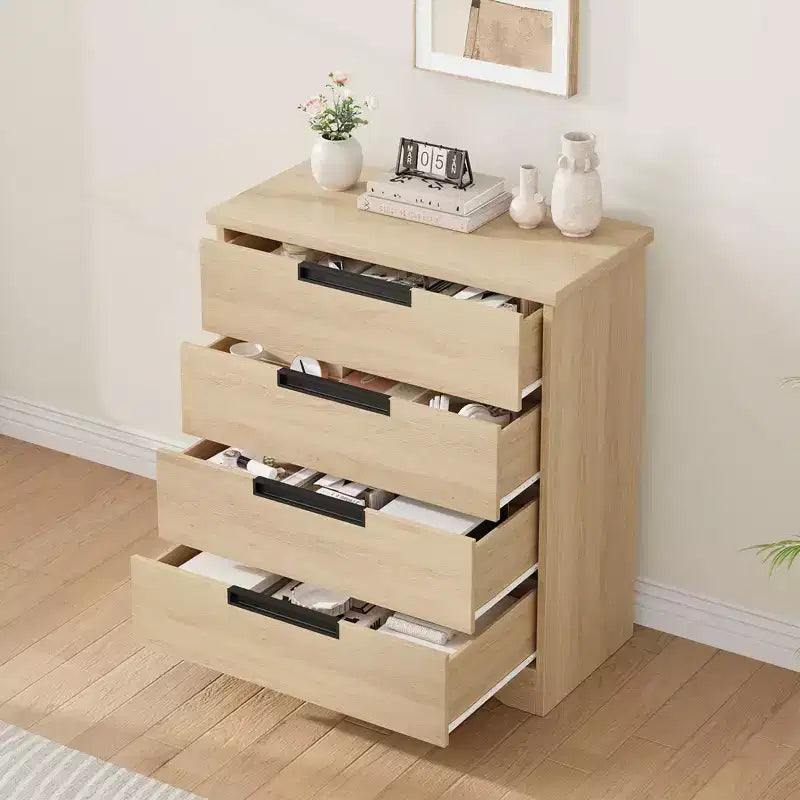 Commode moderne à 4 tiroirs avec poignées encastrées, meuble de rangement en bois pour chambre à coucher, salon, chambre d'enfant