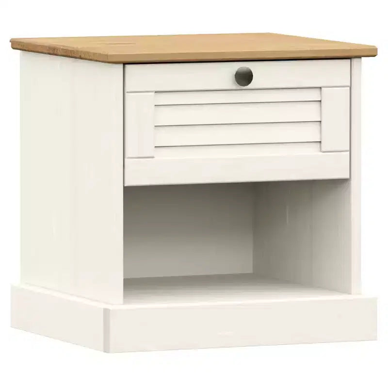 Table de chevet rustique blanche, en pin massif avec tiroir et étagère