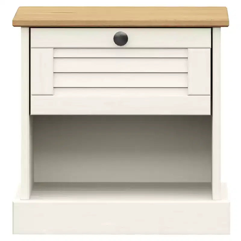 Table de chevet rustique blanche, en pin massif avec tiroir et étagère