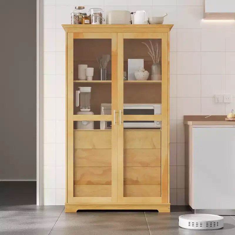Grand garde-manger de cuisine en pin avec portes vitrées et 4 tiroirs, 113,5 x 50,8 x 190,5 cm.