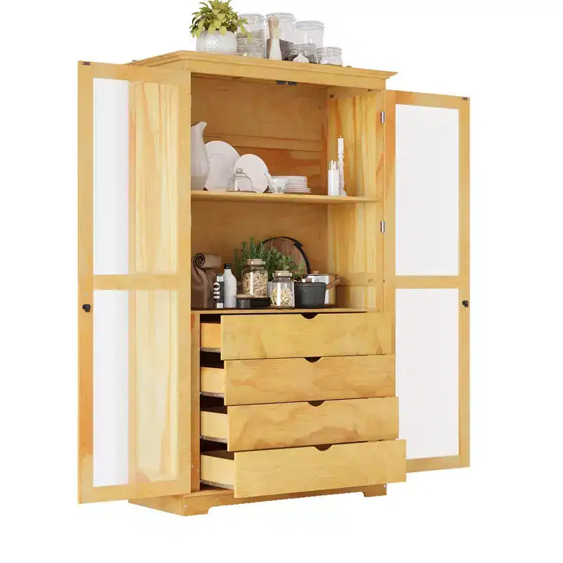 Grand garde-manger de cuisine en pin avec portes vitrées et 4 tiroirs, 113,5 x 50,8 x 190,5 cm.