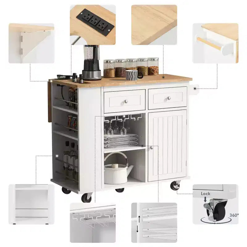Îlot de cuisine avec abattant, casier à vin et rangement réglable, blanc