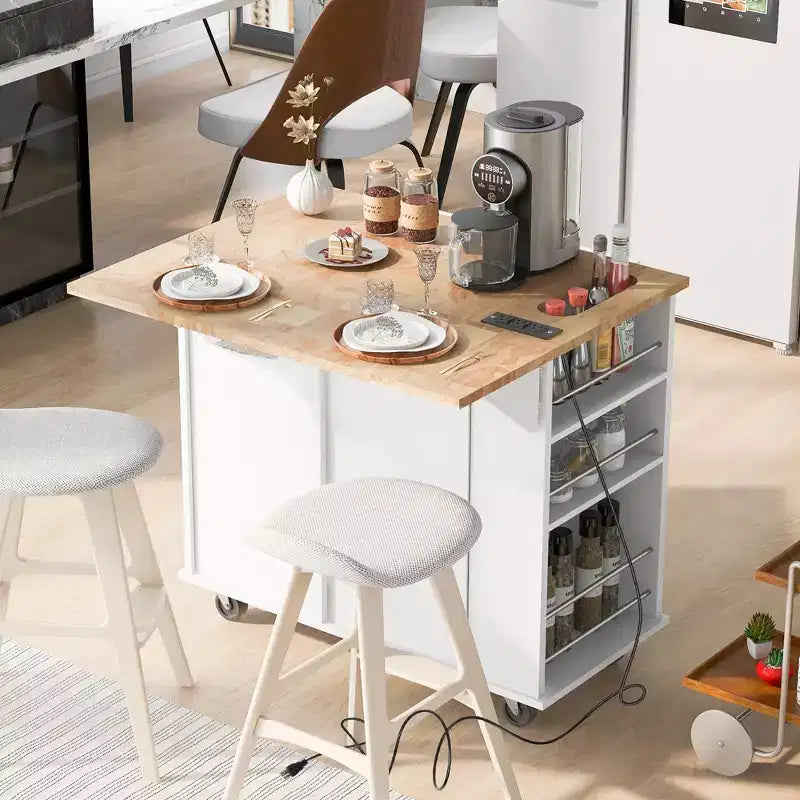 Îlot de cuisine avec abattant, casier à vin et rangement réglable, blanc
