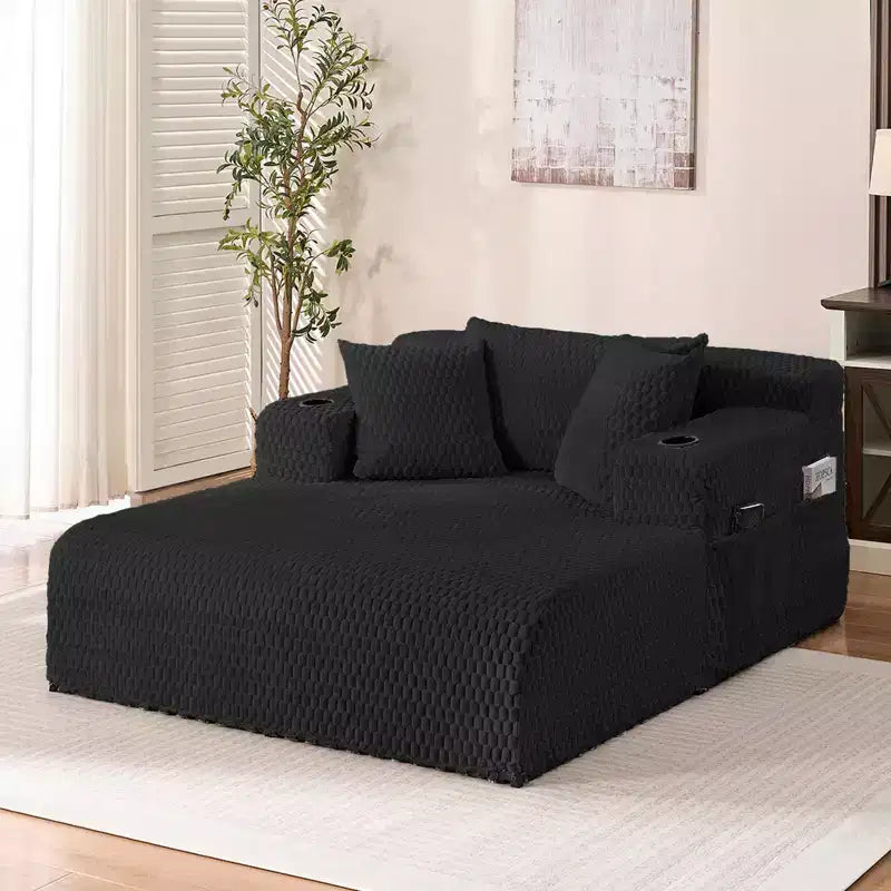 Chaise longue de 54 po en velours Turtle avec oreillers, porte-gobelets et poches latérales
