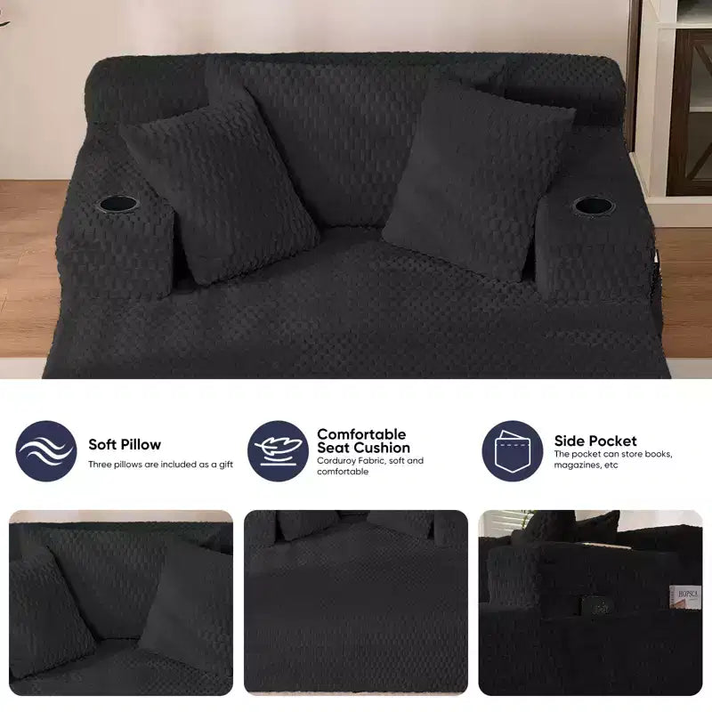 Chaise longue de 54 po en velours Turtle avec oreillers, porte-gobelets et poches latérales