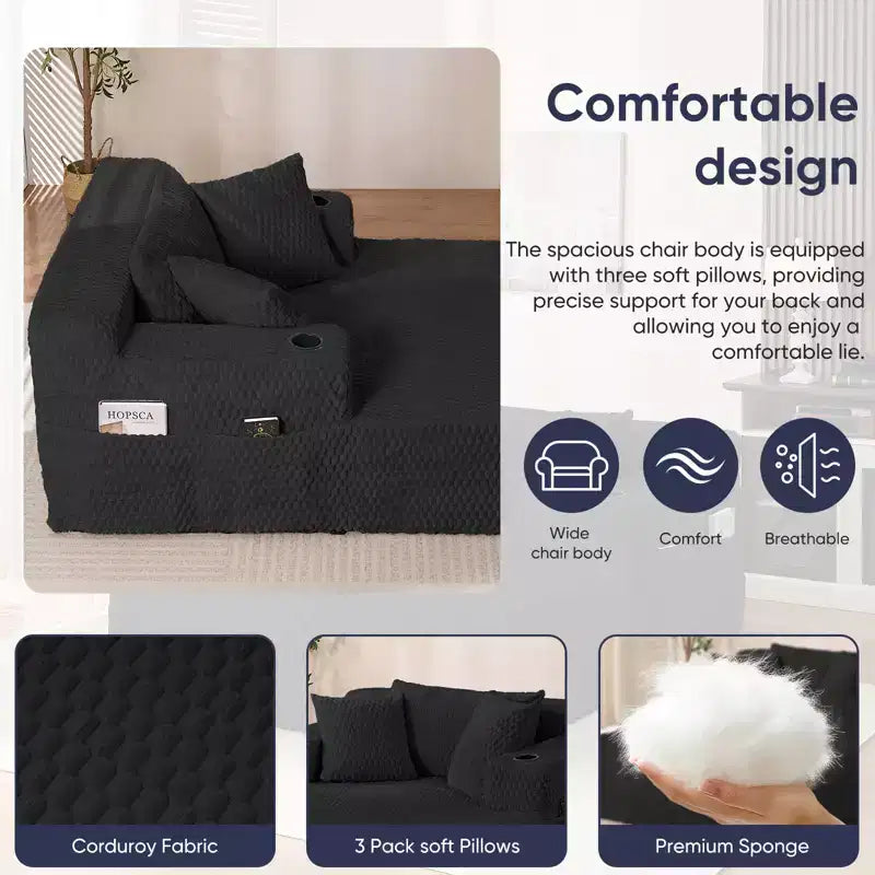 Chaise longue de 54 po en velours Turtle avec oreillers, porte-gobelets et poches latérales