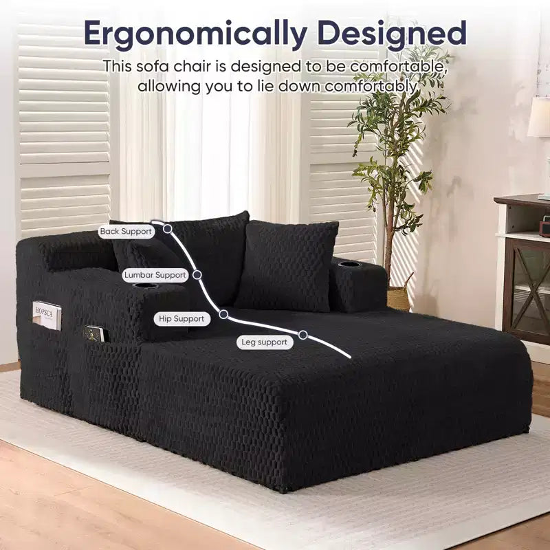 Chaise longue de 54 po en velours Turtle avec oreillers, porte-gobelets et poches latérales