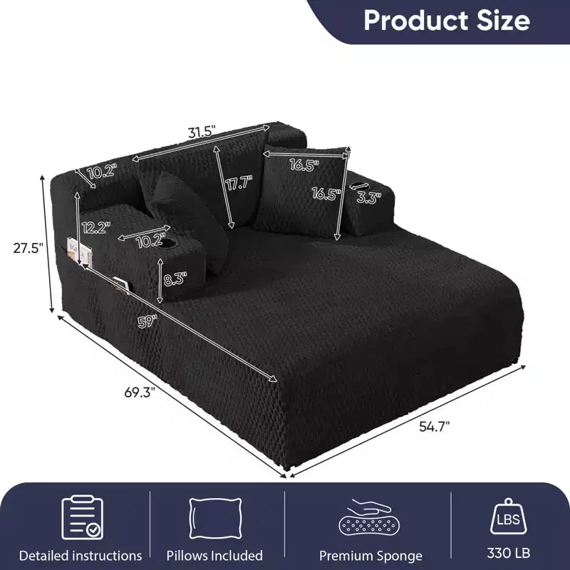 Chaise longue de 54 po en velours Turtle avec oreillers, porte-gobelets et poches latérales