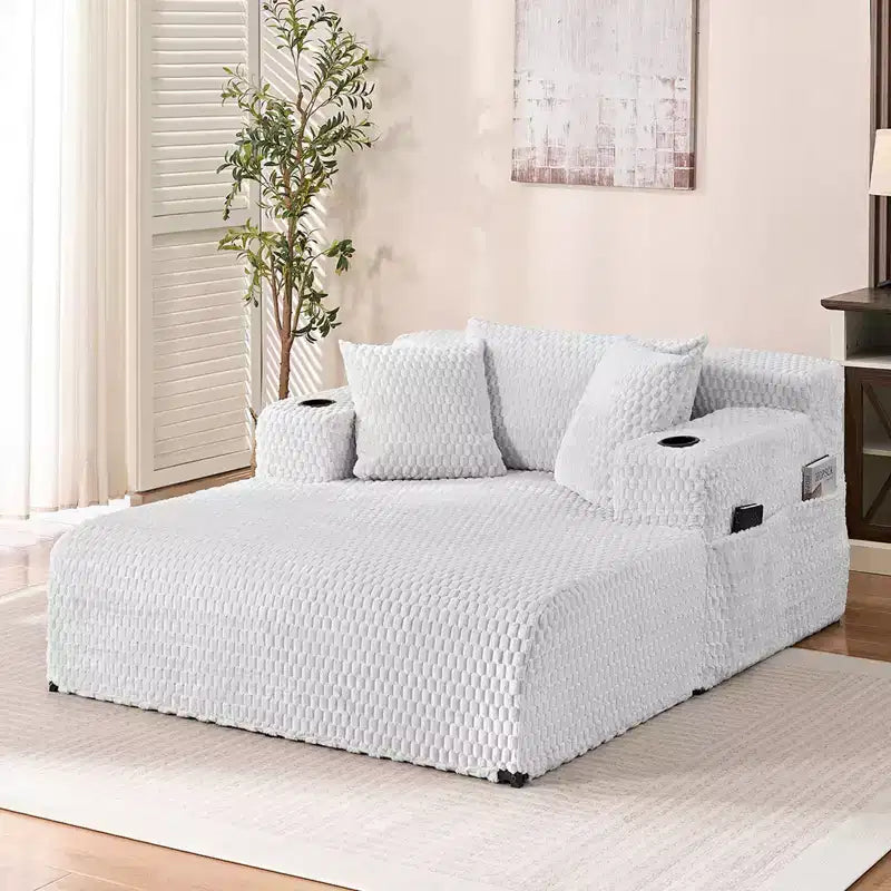 Chaise longue de 54 po en velours Turtle avec oreillers, porte-gobelets et poches latérales